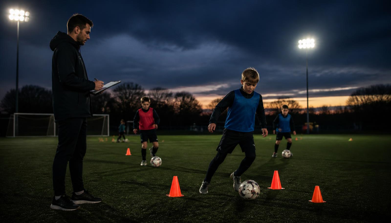 Next Phase Football coaching session under floodlights in Hertfordshire